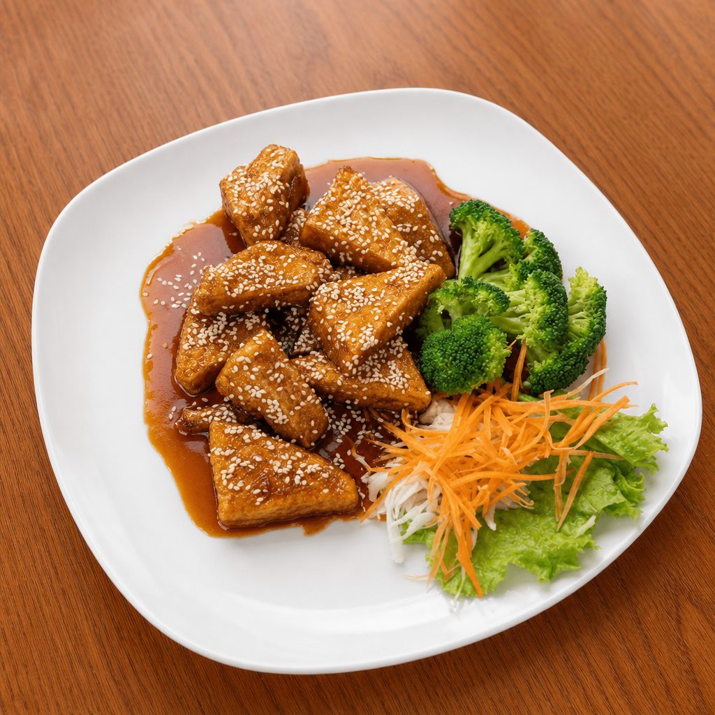 (L) Sesame Tofu.